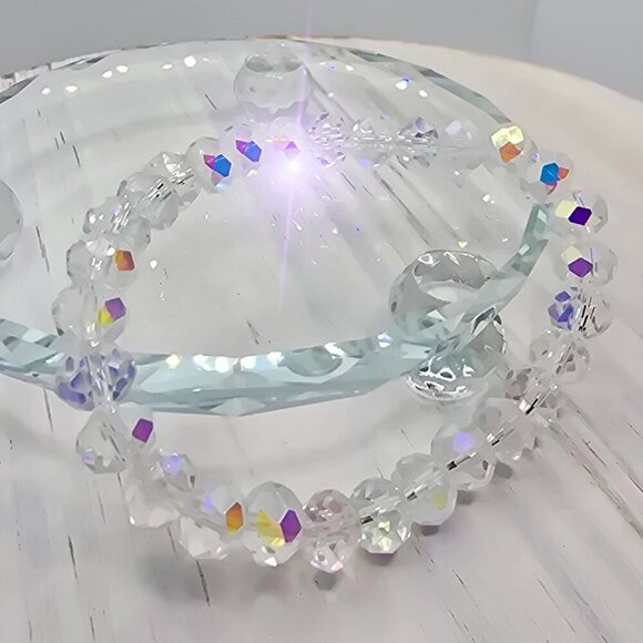 Handmade ✦ AB Austrian Crystal Rondelle Bracelet ✦ 8mm Iridescent Stretch Beads - Picture 7 of 14